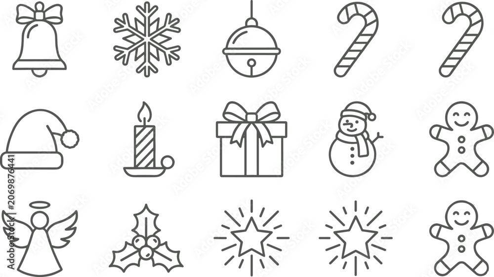 Obraz premium Christmas Holiday Vector Line Icon Set Featuring Snowman Gingerbread Man Bell Candle Snowflake Gift Angel