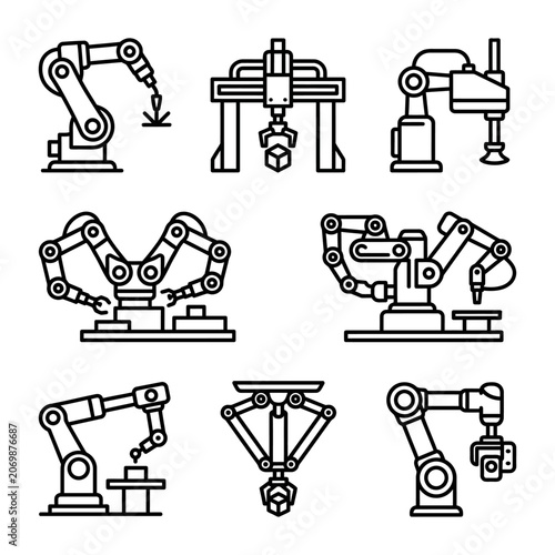 Black Silhouette of a Robotic Arm for Industrial Automation and Factory Robot Tasks with a Mechanical Claw for Manufacturing Process Work