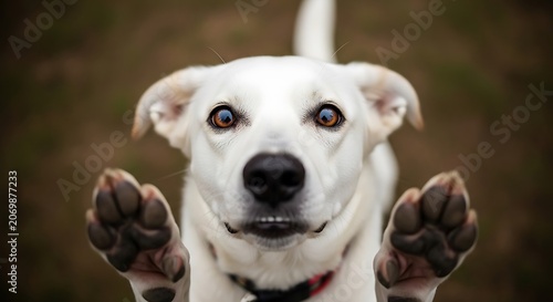 White dog with paws up.