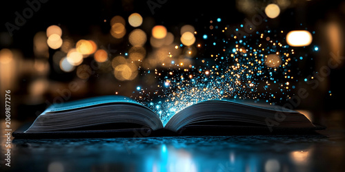 An enchanted book with sparkling lights emitting from its pages symbolizing creativity and imagination in a modern digital age