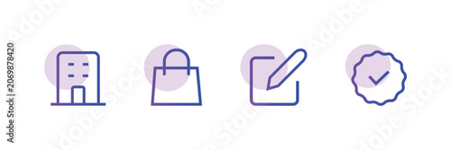 A set of four modern outline icons representing a building shopping bag writing and a checkmark award isolated on transparent background