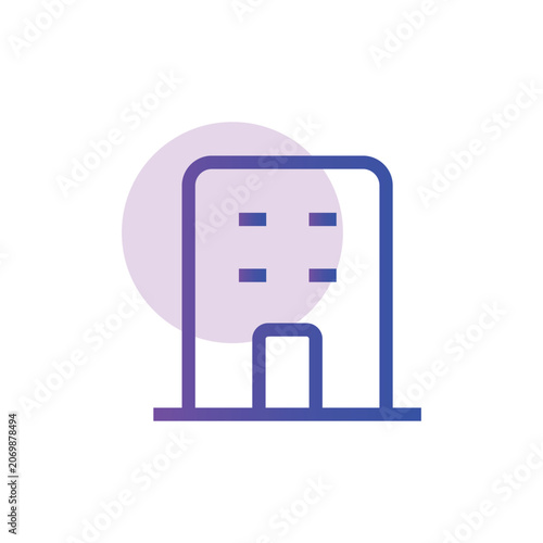 Stylized abstract line art representation of a building with a circular graphic element behind it