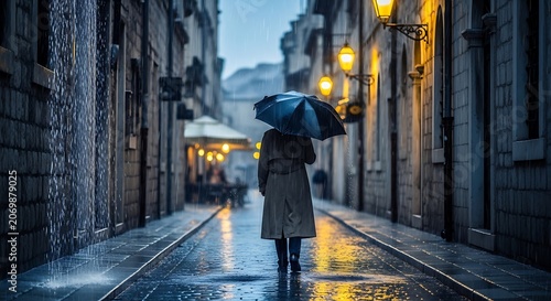 Woman walking in rain.