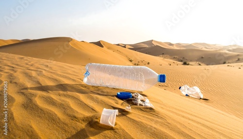 A stark environmental image. An abandoned plastic bottle, cap, and debris litter a desolate desert landscape. Sunlight casts shadows on sand dunes