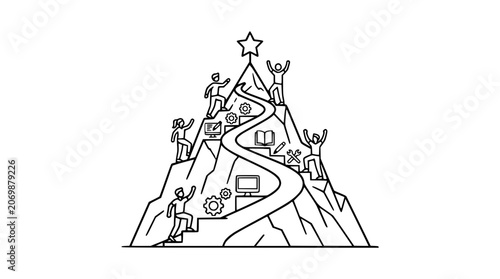 Teamwork climbing mountain to achieve star goal, business success, career path, learning, technology