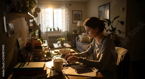 woman working at home desk.