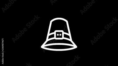 Simple white outline of a pilgrim hat on a black background
