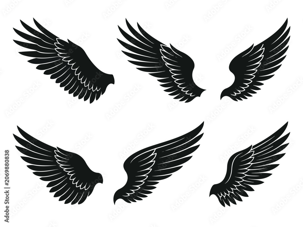 Fototapeta premium Collection of six black stylized angel wings and bird wings isolated on a white background for design