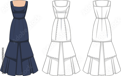 Cuadro en lienzo Flat vector square neckline tiered dress with fitted bodice fashion illustration