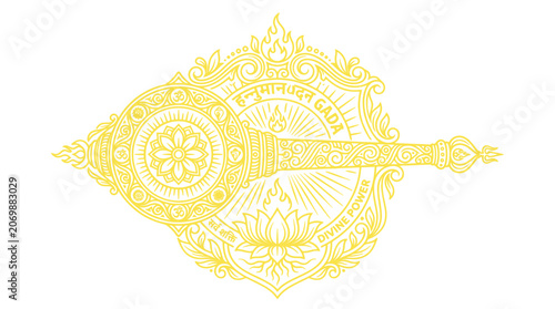 Fotografie Gold line art of a sacred gada weapon with lotus and divine symbols