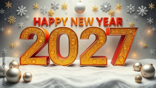 Happy New Year 2027 Golden Luxury Typography with Winter Snowflakes and Festive Christmas Ornaments