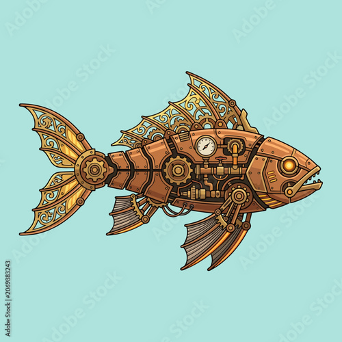 Foto A detailed illustration of a mechanical steampunk fish design