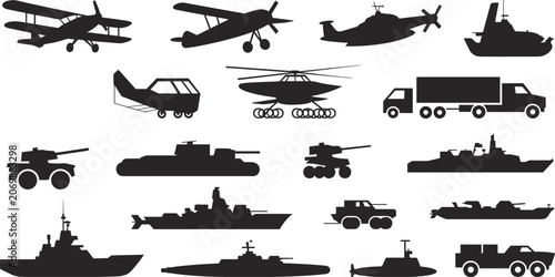 Картината върху платно Military vehicles silhouettes including tanks, aircraft, warships and submarines