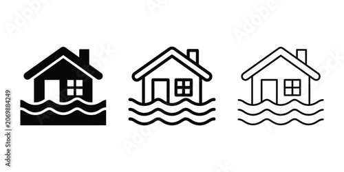 Foto House flood water damage icon silhouette vector outline and line art
