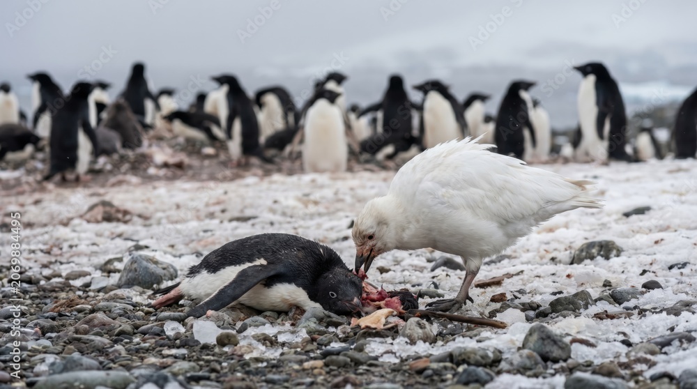 Fototapeta premium Penguin Being Eaten by White Bird on Snowy Ground