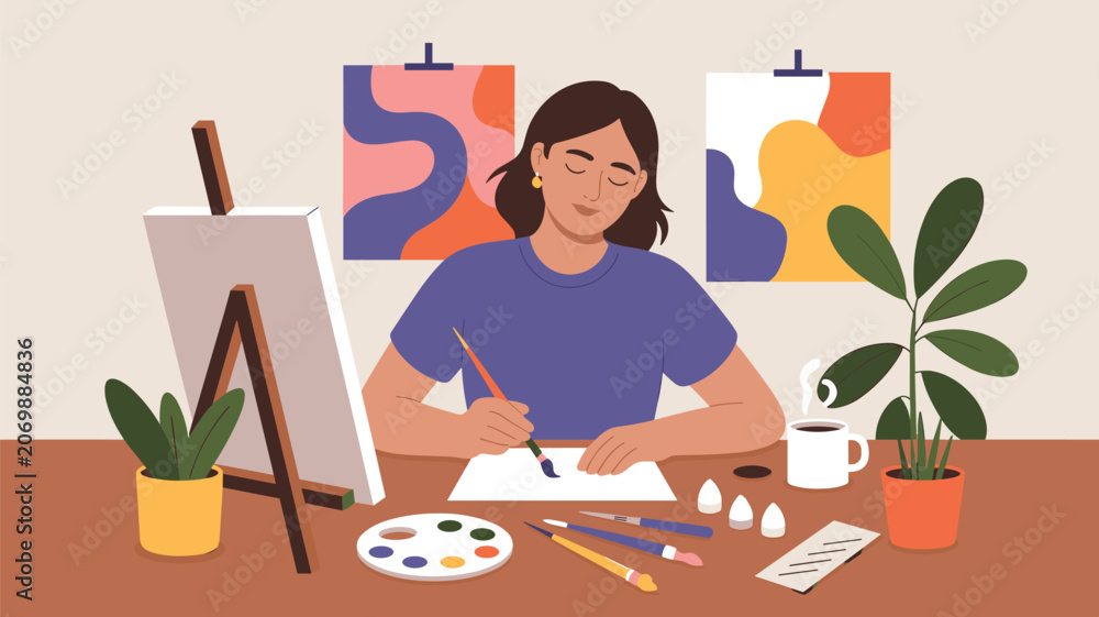 Fototapeta premium Young woman artist sitting at her desk and painting on a paper with an easel, plants, and coffee cup in a cozy studio.