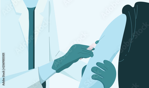 A flat vector illustration showing a healthcare professional or doctor giving an injection or vaccine to a patient's arm.
