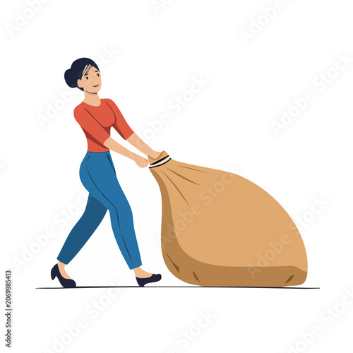 Woman carrying large sack, flat vector illustration