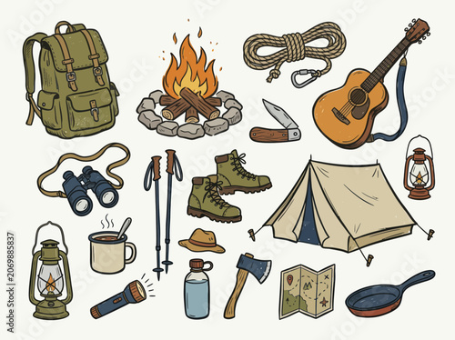 Hand drawn camping and hiking gear collection for outdoor adventures.