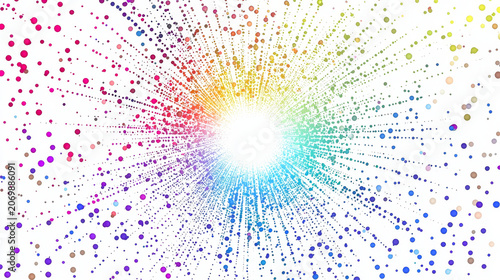 Abstract burst of colorful confetti vibrant dot explosion rainbow spectrum energetic celebration festive background dynamic radial pattern joyful mood white backdrop