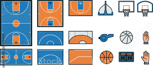 Basketball court diagrams display game elements.