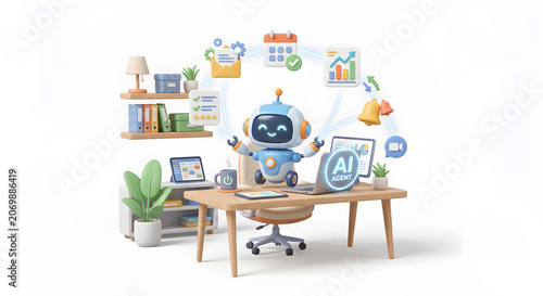 AI Agent Smart Office Productivity. Clean 3D Illustration.