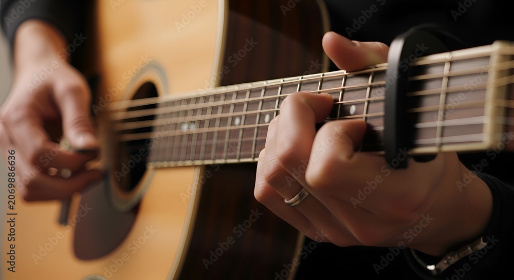 Obraz premium Acoustic Guitar Player's Hands: Musical Performance