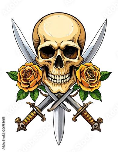 A stark illustration of a skull centered above two crossed swords, with vibrant yellow roses flanking the skull on both sides