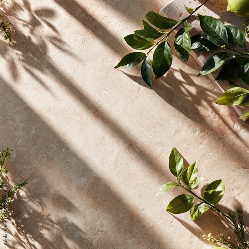 Lush Green Leaves and Soft Shadows in Minimalist Flat Lay for Zen Style Botanical Décor