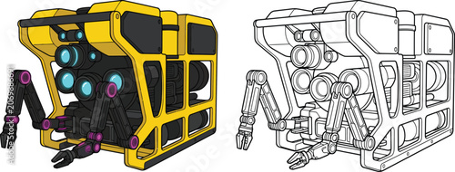 Tableau sur toile Yellow underwater remotely operated vehicle with robotic arms a detailed illustr