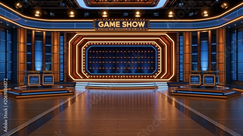 Vibrant Game Show Stage Set Design: Bright Colors and Interactive Entertainment for an Exciting Television Production