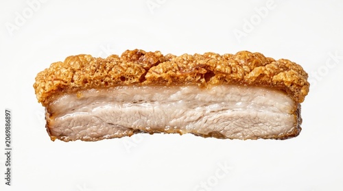 Crispy pork belly skin siu yuk tile floating horizontally in empty space. Side view with copy space for text banner.