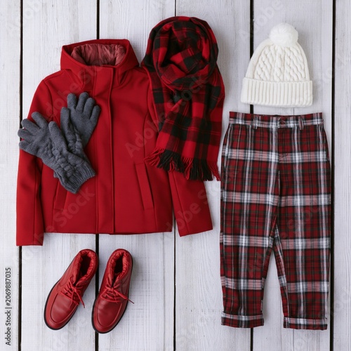 Red Winter Coat with Plaid Pants and Accessories for Cozy and Stylish Seasonal Fashion
