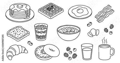 Breakfast food line art icons set, minimalist brunch doodle elements, morning meal vector illustrations of pancakes waffles and coffee