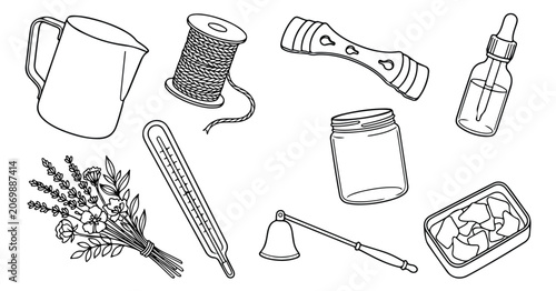 Hand drawn candle making equipment icons, DIY craft tools and supplies vector set, minimalist line art hobby illustrations for candle makers