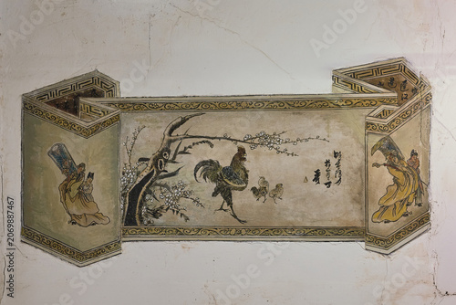 Vintage Chinese Auspicious Wall Mural Featuring Rooster and Plum Blossom