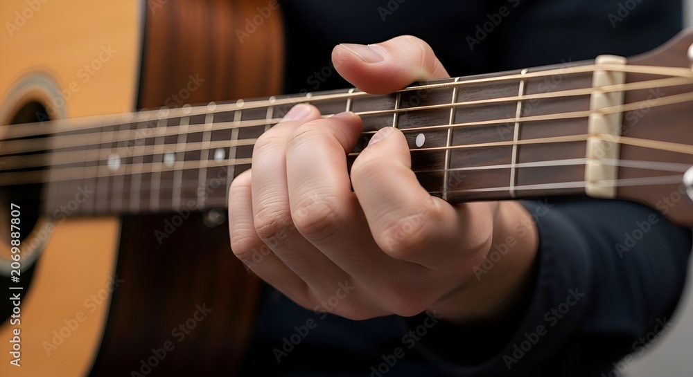 Obraz premium Close-up of a hand playing acoustic guitar, musical concept