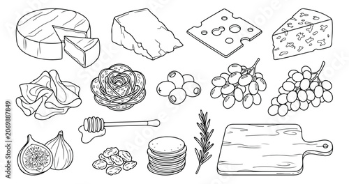 Schilderij op canvas Hand drawn cheese board elements vector set, charcuterie platter ingredients lin
