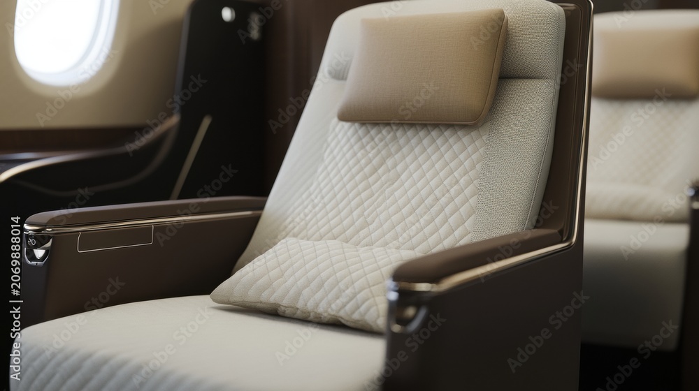 Naklejka premium Airplane first-class seats with pillows and window view