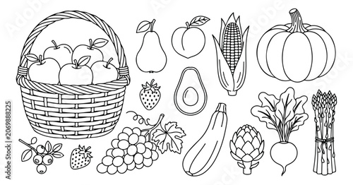 Minimalist fruit and vegetable line art collection, hand drawn harvest basket vector set, black and white organic food icons for coloring