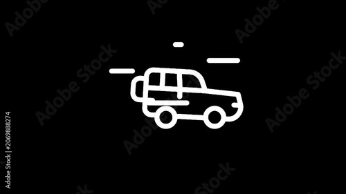 Simple white outline icon of an off-road vehicle in motion on a black background