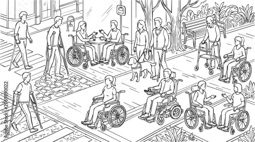 Hand-drawn illustration showing disability accessibility and inclusion for a diverse community using a wheelchair, crutches, and mobility aids.