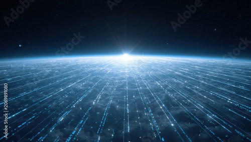 A vibrant digital visualization of a cosmic horizon, depicting light rays emerging from a star above a cloud-covered planet