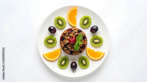 Healthy breakfast granola tart with fresh fruit, colorful fruit arrangement on white plate, overhead view of nutritious muesli dessert with kiwi and orange