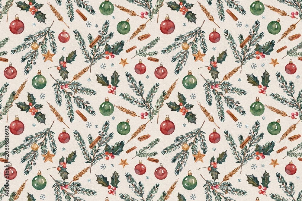Naklejka premium Seamless christmas pattern with watercolor pine branches, red and green ornaments, holly, cinnamon sticks, and wheat on a light background