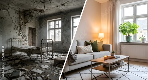 Before and After: Room Renovation Concept, Abandoned to Modern Home Interior