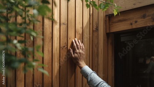 Close-up of a human hand gently touching a textured wooden wall surrounded by greenery