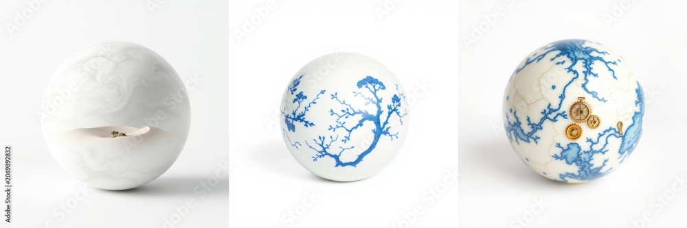 Obraz premium Ceramic spheres displayed. Each exhibits unique patterns, textures, colors. Delicate artistry, craftsmanship evident. Minimalist presentation, white background.
