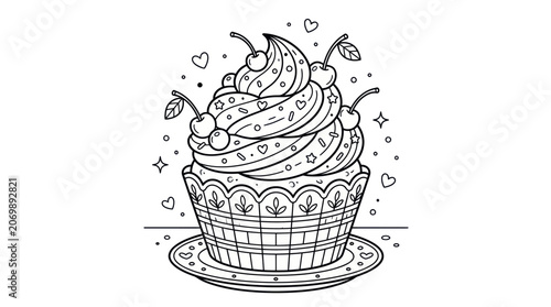 Foto Sweet cupcake with cherries and sprinkles coloring page
