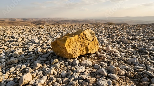 Desert rock landscape with golden boulder, arid mountain wilderness under sunset light, dry rocky terrain in remote geological valley